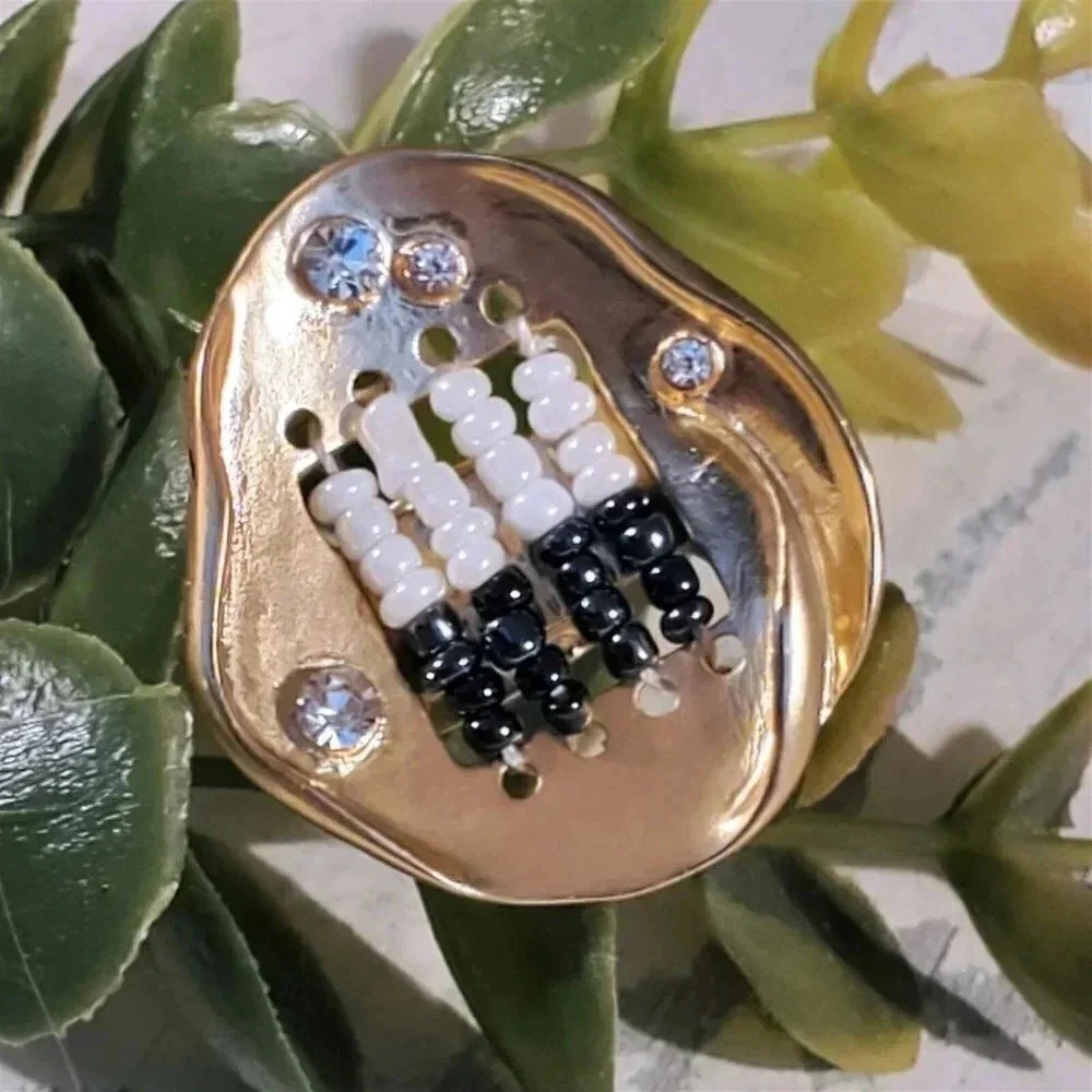 Crystals and Glass Beads Baroque Gold Plated Adjustable Statement Cocktail Ring - Picture 10 of 13